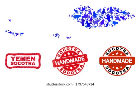 Vector handmade collage of Socotra Archipelago map and rubber stamp seals. Mosaic Socotra Archipelago map is created of scattered blue hands. Rounded and rough red seals with scratched rubber texture.