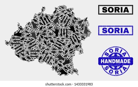 Vector handmade collage of Soria Province map and rubber watermarks. Mosaic Soria Province map is composed from scattered hands. Blue watermarks with scratched rubber texture.