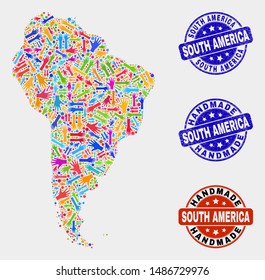 Vector handmade collage of South America map and corroded watermarks. Mosaic South America map is formed with randomized bright colorful hands. Rounded watermarks with corroded rubber texture.