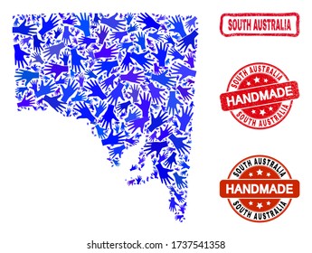 Vector handmade collage of South Australia map and rubber stamps. Mosaic South Australia map is done of random blue hands. Rounded and awry red seals with scratched rubber texture.