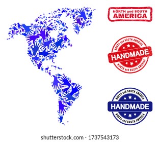 Vector handmade collage of South and North America map and textured watermarks. Mosaic South and North America map is created with scattered blue hands.