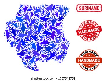 Vector handmade collage of Suriname map and grunge stamp seals. Mosaic Suriname map is composed from random blue hands. Rounded and awry red seals with distress rubber texture.
