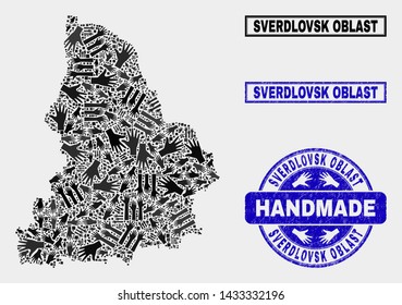 Vector handmade collage of Sverdlovsk Region map and unclean stamps. Mosaic Sverdlovsk Region map is done with randomized hands. Blue seals with unclean rubber texture.