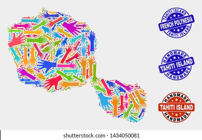 Vector handmade collage of Tahiti Island map and rubber seals. Mosaic Tahiti Island map is composed of random bright colored hands. Rounded watermarks with distress rubber texture.
