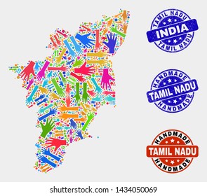 Vector handmade collage of Tamil Nadu State map and unclean stamp seals. Mosaic Tamil Nadu State map is made of scattered bright colorful hands. Rounded stamp imprints with unclean rubber texture.
