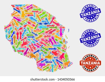 Vector handmade collage of Tanzania map and rubber stamp seals. Mosaic Tanzania map is designed with scattered bright colored hands. Rounded seals with corroded rubber texture.
