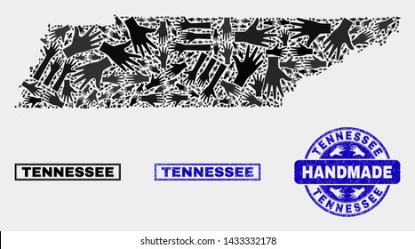 Vector handmade collage of Tennessee State map and rubber stamp seals. Mosaic Tennessee State map is made with random hands. Blue seals with unclean rubber texture.