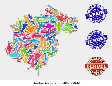 Vector handmade collage of Teruel Province map and grunge watermarks. Mosaic Teruel Province map is organized of scattered bright colored hands. Rounded watermarks with grunge rubber texture.