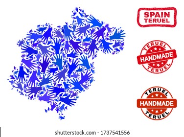 Collage hecho a mano por vectores del mapa de la provincia de Teruel y sellos sucios de sellos. El mapa de la provincia de Mosaic Teruel es creado con manos azules al azar. Juntas rojas redondeadas y rugosas con textura de caucho impura.