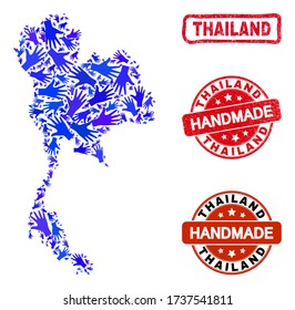 Collage hecho a mano por vectores del mapa de Tailandia y marcas de agua de caucho. El mapa Mosaic Thailand está construido con manos azules dispersas. Marcas de agua rojas y rojas con textura de caucho corroída.
