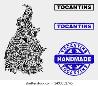 Vector handmade collage of Tocantins State map and scratched watermarks. Mosaic Tocantins State map is made of random hands. Blue stamp imprints with scratched rubber texture.