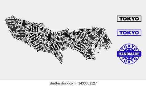 Vector handmade collage of Tokyo Prefecture map and rubber watermarks. Mosaic Tokyo Prefecture map is done of scattered hands. Blue watermarks with scratched rubber texture.