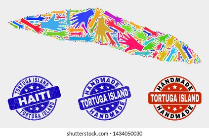 Vector handmade collage of Tortuga Island of Haiti map and rubber stamp seals. Mosaic Tortuga Island of Haiti map is made with random bright colored hands. Rounded seals with distress rubber texture.