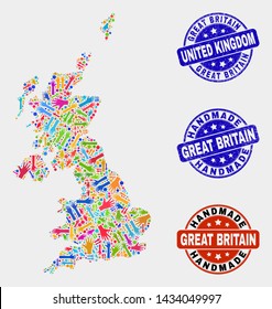 Vector handmade collage of United Kingdom map and dirty watermarks. Mosaic United Kingdom map is composed with scattered bright colored hands. Rounded watermarks with scratched rubber texture.