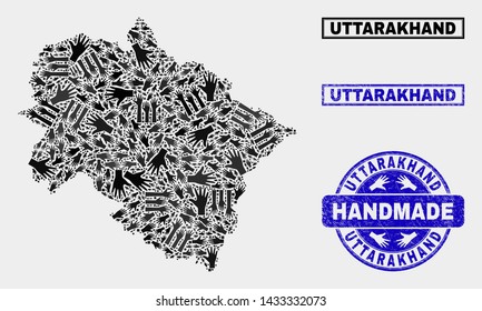 Vector handmade collage of Uttarakhand State map and unclean stamp seals. Mosaic Uttarakhand State map is designed from randomized hands. Blue stamp imprints with unclean rubber texture.