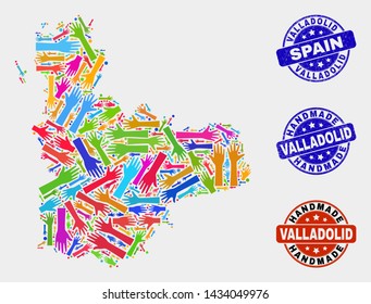 Vector handmade collage of Valladolid Province map and corroded stamps. Mosaic Valladolid Province map is organized with random bright colored hands.