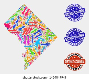 Vector handmade collage of Washington District Columbia map and dirty stamp seals. Mosaic Washington District Columbia map is created of scattered bright colored hands.