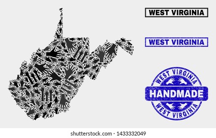 Vector handmade collage of West Virginia State map and unclean stamps. Mosaic West Virginia State map is composed of scattered hands. Blue stamp imprints with distress rubber texture.