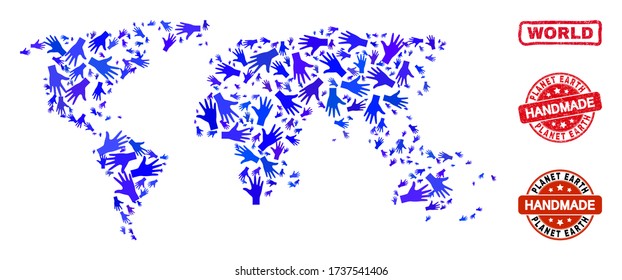 Vector handgefertigte Collage von Weltkarte und Gummi Wasserzeichen. Mosaic World Map wird mit zufälligen blauen Händen erstellt. Rote und abgerundete Siegel mit Gummigewebe aus Grunge.