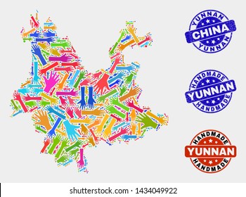 Vector handmade collage of Yunnan Province map and textured stamp seals. Mosaic Yunnan Province map is made of scattered bright colored hands. Rounded stamp imprints with scratched rubber texture.