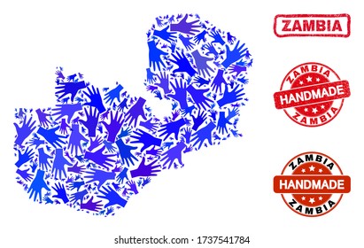 Vector handmade collage of Zambia map and unclean stamp seals. Mosaic Zambia map is organized with random blue hands. Rounded and crooked red stamp imprints with scratched rubber texture.