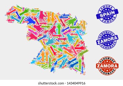 Vector handmade collage of Zamora Province map and grunge stamp seals. Mosaic Zamora Province map is composed of scattered bright colored hands. Rounded stamp imprints with scratched rubber texture.
