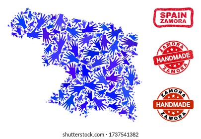 Vector handmade collage of Zamora Province map and unclean seals. Mosaic Zamora Province map is composed of randomized blue hands. Rounded and crooked red watermarks with unclean rubber texture.