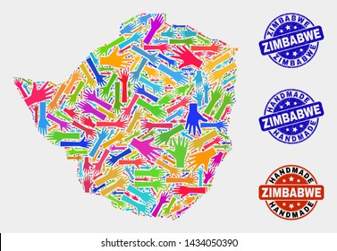 Vector handmade collage of Zimbabwe map and unclean stamp seals. Mosaic Zimbabwe map is done of scattered bright colored hands. Rounded seals with corroded rubber texture.