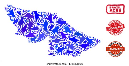 Vector handmade combination of Acre State map and textured watermarks. Mosaic Acre State map is done of scattered blue hands. Rounded and crooked red watermarks with distress rubber texture.