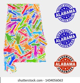 Vector handmade combination of Alabama State map and dirty watermarks. Mosaic Alabama State map is organized with random bright colorful hands. Rounded watermarks with scratched rubber texture.