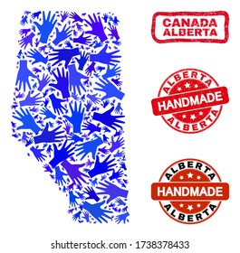 Vector handmade combination of Alberta Province map and rubber watermarks. Mosaic Alberta Province map is formed with random blue hands.