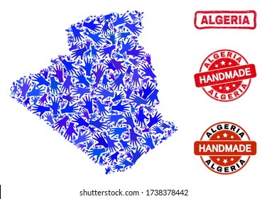 Vector handmade combination of Algeria map and dirty stamp seals. Mosaic Algeria map is formed with randomized blue hands. Rounded and awry red seals with corroded rubber texture.