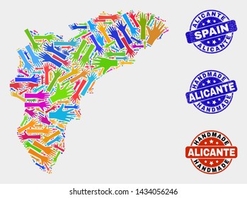 Vector handmade combination of Alicante Province map and rubber stamp seals. Mosaic Alicante Province map is done with scattered bright colorful hands.