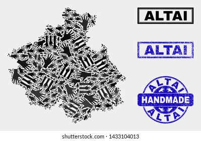 Vector handmade combination of Altai Republic map and corroded stamp seals. Mosaic Altai Republic map is made with random hands. Blue stamp imprints with corroded rubber texture.