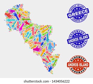 Vector handmade combination of Andros Island of Greece map and scratched stamp seals. Mosaic Andros Island of Greece map is formed with scattered bright colorful hands.