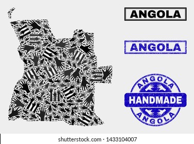 Vector handmade combination of Angola map and textured stamp seals. Mosaic Angola map is formed with randomized hands. Blue seals with grunge rubber texture.