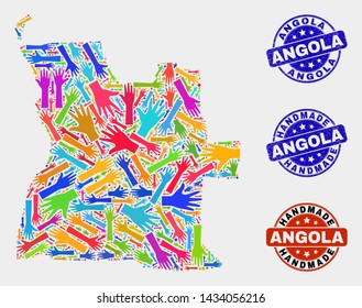 Vector handmade combination of Angola map and rubber watermarks. Mosaic Angola map is designed from random bright colored hands. Rounded watermarks with scratched rubber texture.