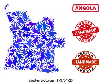 Vector handmade combination of Angola map and grunge seals. Mosaic Angola map is created from random blue hands. Rounded and wry red seals with grunge rubber texture.