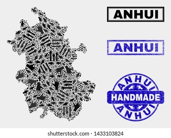 Vector handmade combination of Anhui Province map and dirty watermarks. Mosaic Anhui Province map is composed of scattered hands. Blue watermarks with scratched rubber texture.