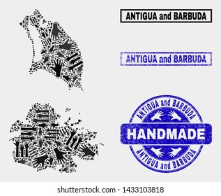 Vector handmade combination of Antigua and Barbuda map and corroded stamp seals. Mosaic Antigua and Barbuda map is created with scattered hands. Blue seals with distress rubber texture.