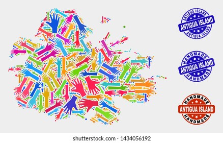 Vector handmade combination of Antigua Island map and rubber stamps. Mosaic Antigua Island map is composed of scattered bright colored hands. Rounded stamp imprints with scratched rubber texture.