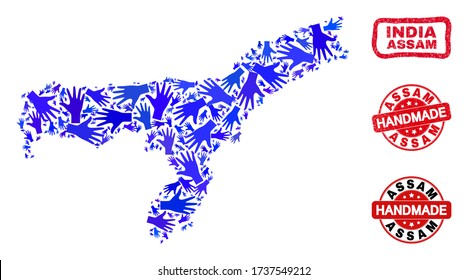 Vector handgefertigte Kombination aus Assam State Map und texturierten Siegeln. Die Mosaik Assam State Map wird mit verstreuten blauen Händen erstellt. Rote Dichtungen gerundet mit kratzter Gummistruktur.
