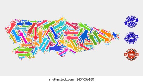 Vector handmade combination of Asturias Province map and rubber stamp seals. Mosaic Asturias Province map is created of random bright colorful hands. Rounded stamp imprints with grunge rubber texture.