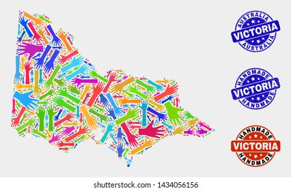 Vector handmade combination of Australian Victoria map and textured watermarks. Mosaic Australian Victoria map is composed with scattered bright colorful hands.