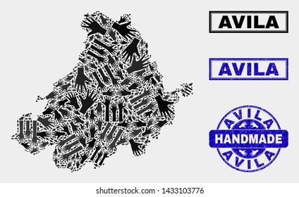 Vector handmade combination of Avila Province map and rubber watermarks. Mosaic Avila Province map is created with randomized hands. Blue watermarks with scratched rubber texture.
