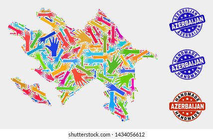 Vector handmade combination of Azerbaijan map and scratched stamp seals. Mosaic Azerbaijan map is formed of randomized bright colorful hands. Rounded seals with scratched rubber texture.