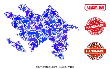 Vector handmade combination of Azerbaijan map and rubber stamp seals. Mosaic Azerbaijan map is created with scattered blue hands. Rounded and rough red watermarks with distress rubber texture.