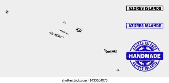 Vector handmade combination of Azores Islands map and rubber stamp seals. Mosaic Azores Islands map is constructed of scattered hands. Blue stamp imprints with corroded rubber texture.