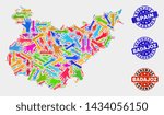 Vector handmade combination of Badajoz Province map and scratched stamp seals. Mosaic Badajoz Province map is organized with random bright colored hands.