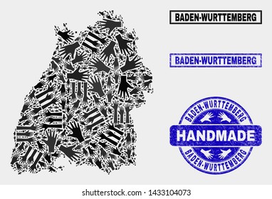 Vector handmade combination of Baden-Wurttemberg Land map and rubber watermarks. Mosaic Baden-Wurttemberg Land map is designed of random hands. Blue stamp imprints with unclean rubber texture.